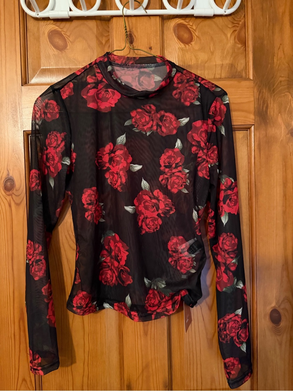 SHEIN Black Sheer Mesh Long Sleeve Top with Red Rose Print